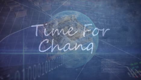 animation of time for change text banner and data processing over spinning 3d house models