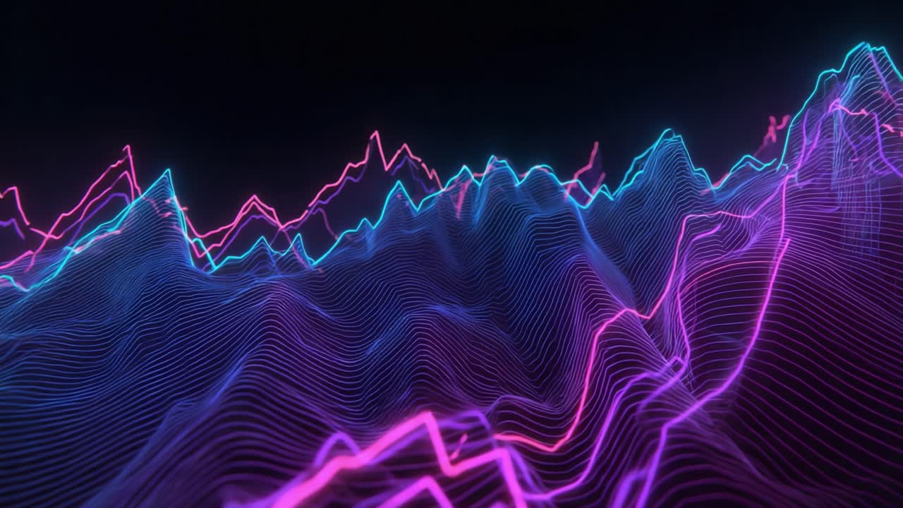 A mesmerizing digital landscape showcasing vibrant waves of neon light in pink and blue colors, representing a dynamic visual representation of sound or data transformation across a dark background