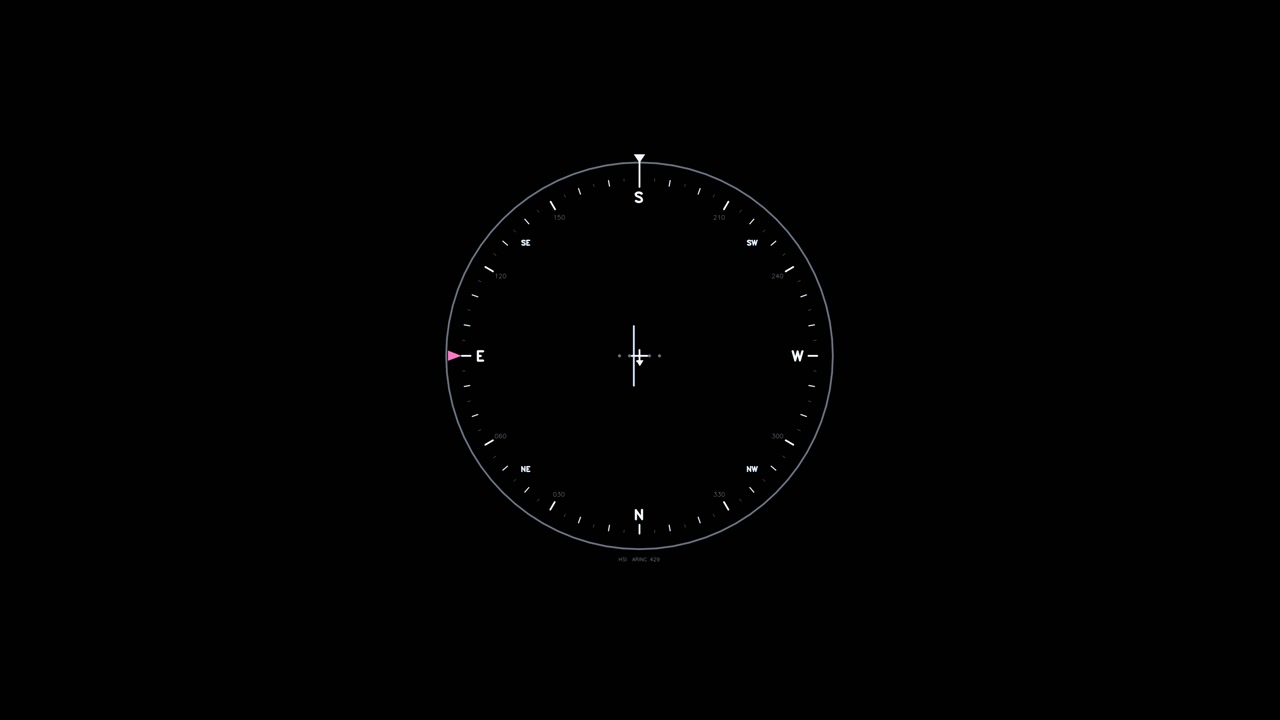 Un quadrante di bussola circolare bianco con le direzioni cardinali e un puntatore magenta rotante animato su uno sfondo trasparente. Questo elemento dell'interfaccia HSI si ripete senza soluzione di continuità per il compositing.