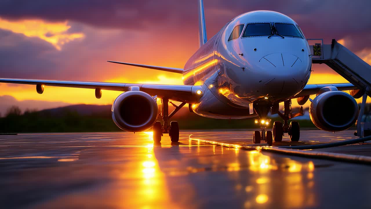 A Captivating Sunset Illuminating the Wings of a Jet Airplane at an Airport, Reflecting on the Wet Tarmac with Vibrant Colors in the Sky, Evoking a Sense of Travel and Adventure in the Evening Light