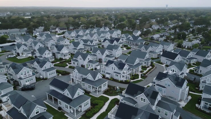 Aerial pan shot of peaceful rural community with American residential homes by the beach