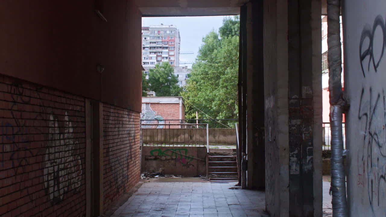 A neighborhood with brutalist, communist architecture apartment buildings and the surrounding neighborhood environment from the communist era in Eastern Europe