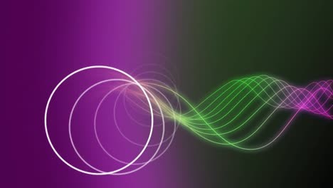 two different part. on the left purple circle, on the right green waves