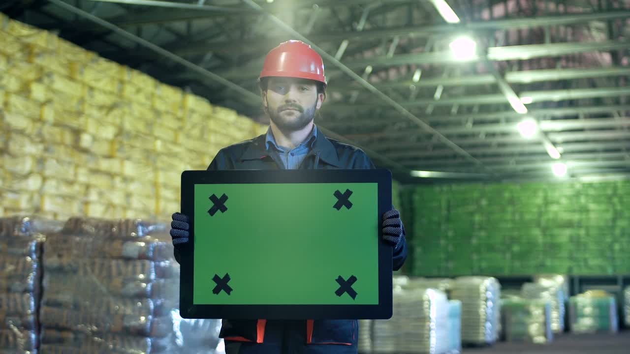 chromakey 표지판을 가진 슬픈 엔지니어