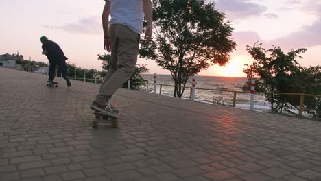 group of young people skateboarding on the road in the early morning near the sea, close up shot