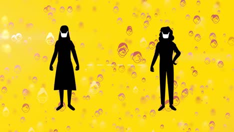 animación de dos personas con máscara de coronavirus covid19 y distanciamiento social sobre un fondo amarillo