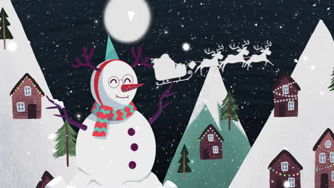 Animation-of-snow-falling-over-christmas-snowman-and-winter-scenery