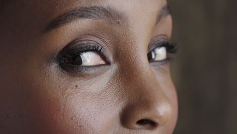 close up of african american woman eyes looking at camera wearing makeup mascara