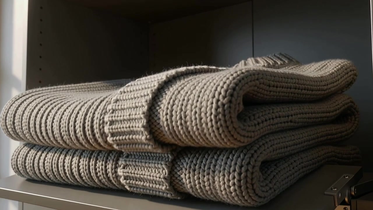 Lowering hinged flap bringing two folded chunky knit sweaters forward in cabinet for viewing