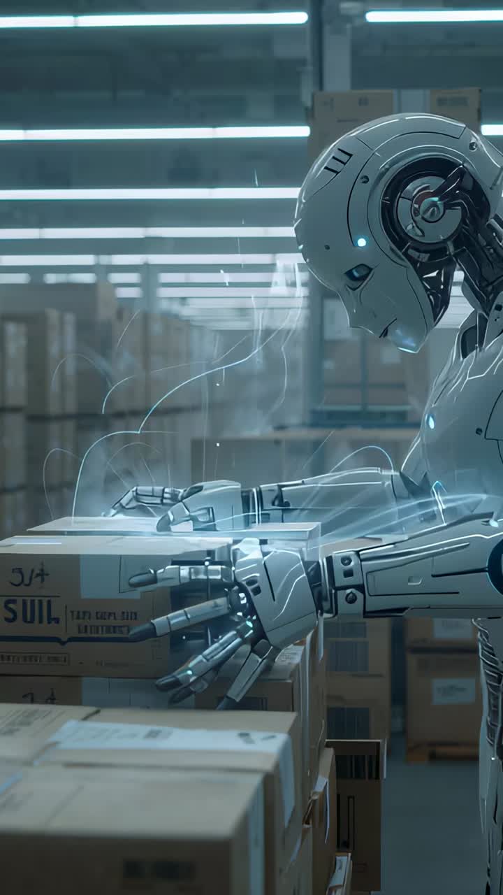 Vertical video: Order arriving, robot scanning labeled boxes at warehouse for sorting, copy space