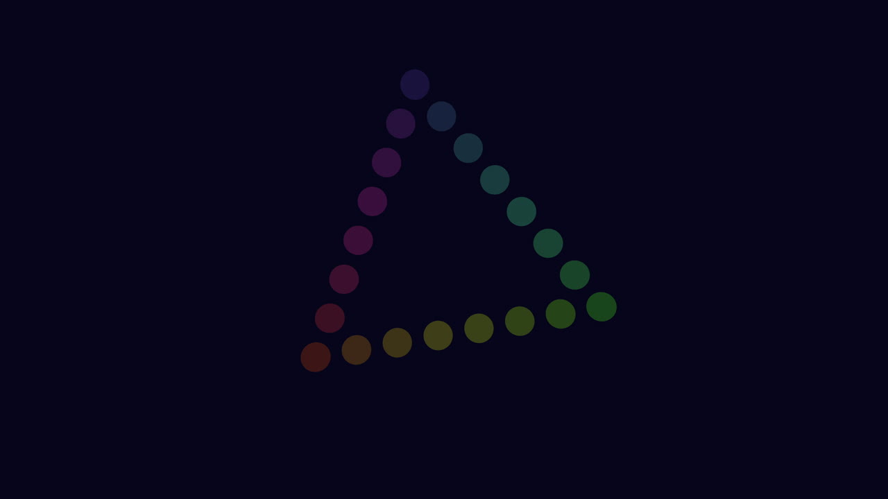 Vibrant small circles arranged in a triangular pattern form an abstract, colorful design in the image