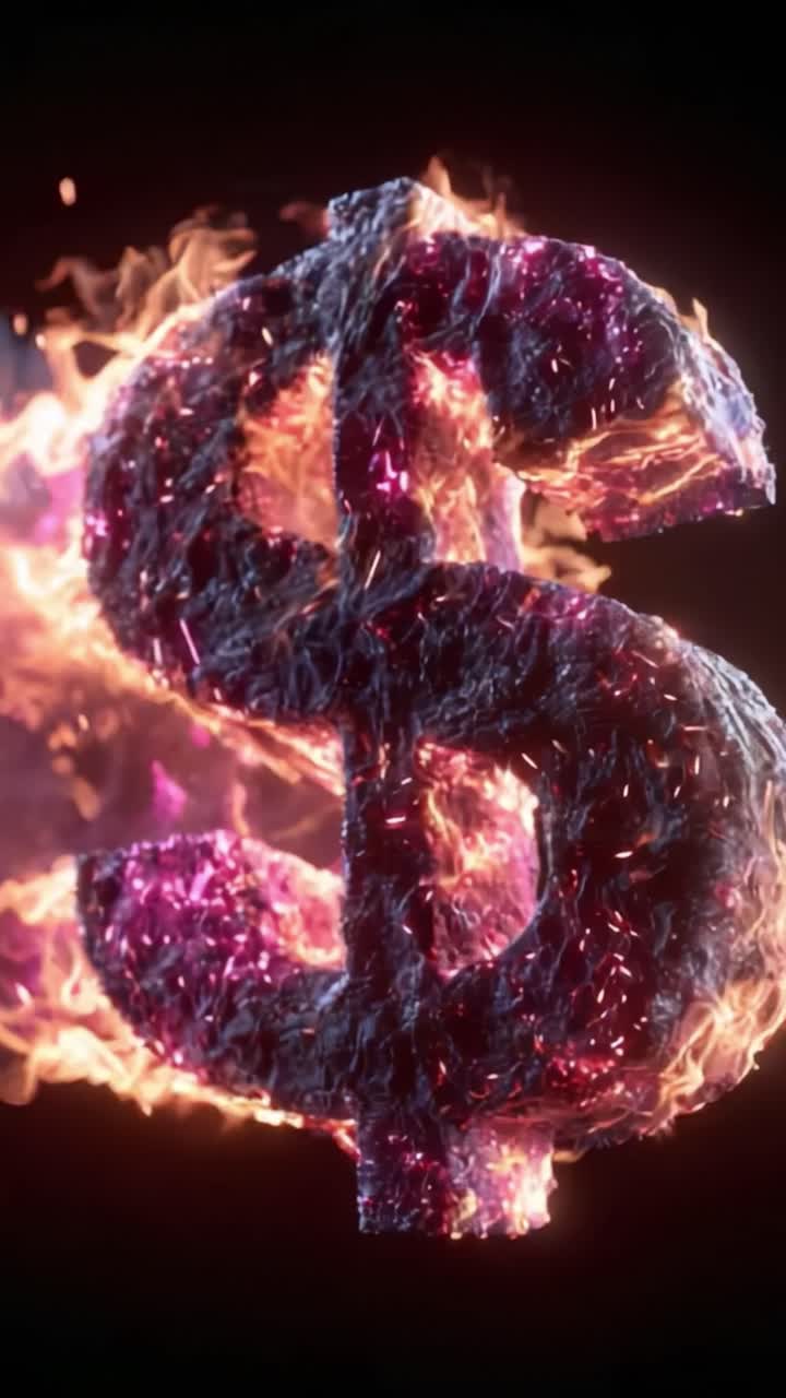 Una rappresentazione visiva dinamica del simbolo di valuta tra le fiamme, che mette in mostra l'intersezione tra finanza e creatività attraverso immagini accattivanti