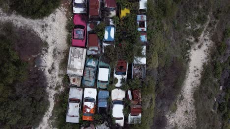 vista de pájaro de un cementerio de autos con autos oxidados antiguos mientras los arbustos comienzan a crecer sobre ellos
