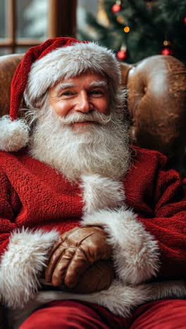 festive santa claus relaxes by the fireplace in cozy living room