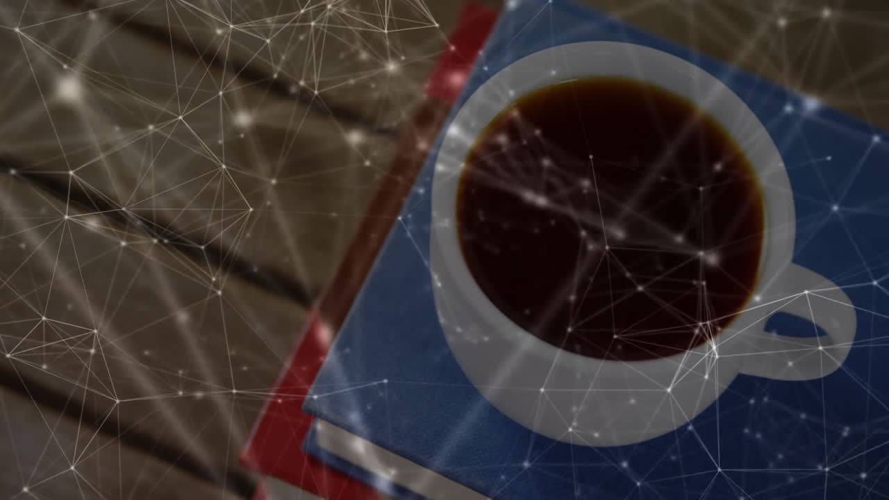 Flat design coffee cup sitting on stacked blue and red books while network overlay linking nodes