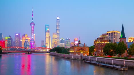 twilight illuminated shanghai city downtown bay panorama 4k time lapse china