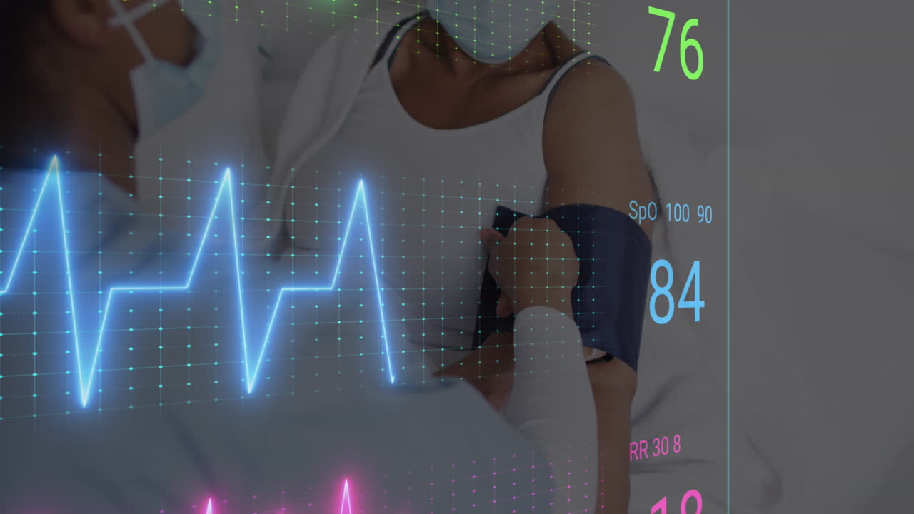 다양한 여성 의사가 여성 환자의 혈압을 확인하는 심장 박동 모니터의 애니메이션