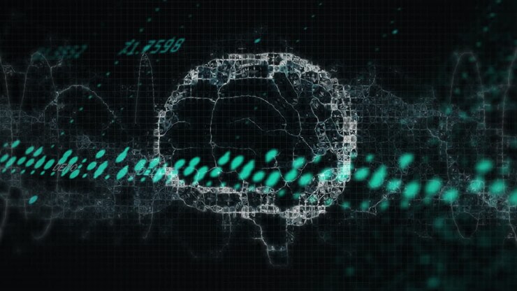 Animation of data processing over spinning human brain icon and digital wave on black background