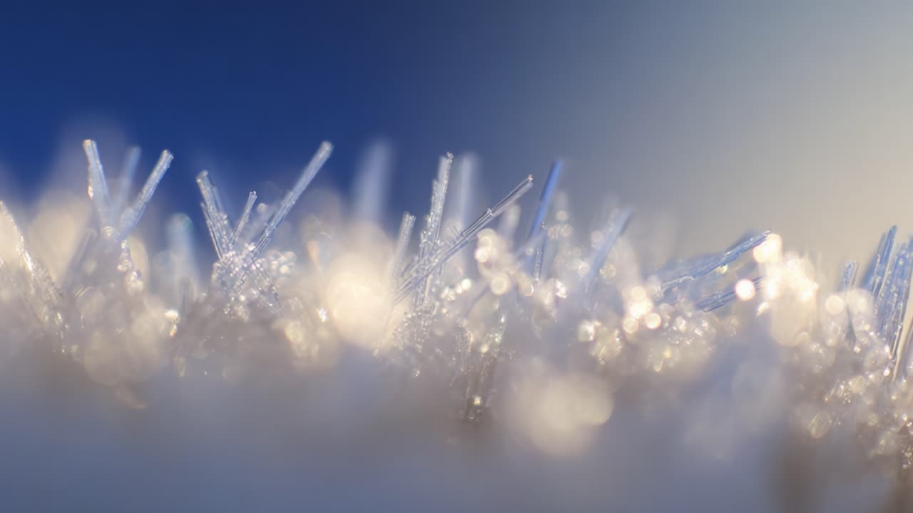 Intricate Close-Up of Sparkling Ice Crystals: A Detailed Examination of Frost Formation Against a Soft Blue Background Capturing the Beauty of Winter's Natural Artwork