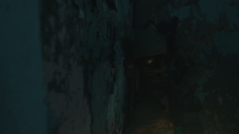 a wounded soldier in the abandoned military complex during the recon mission