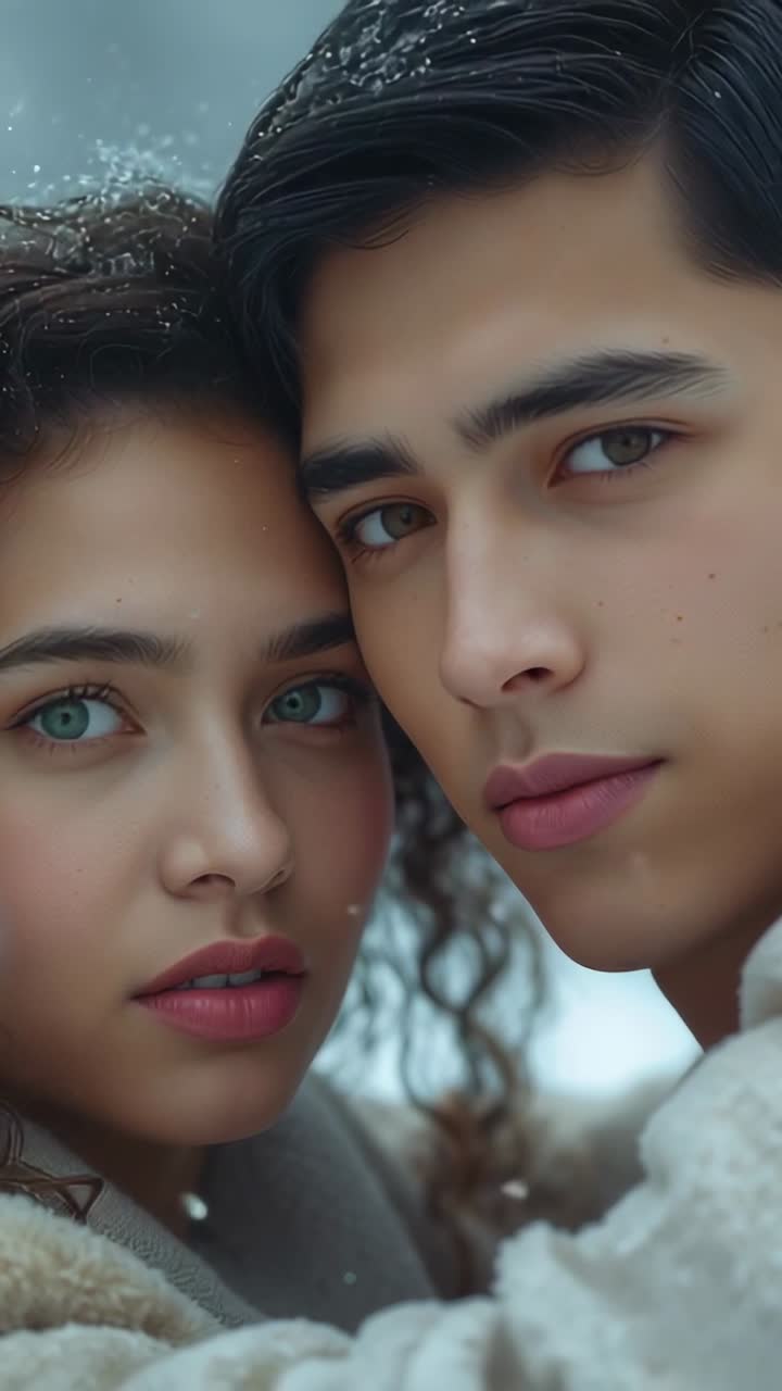 Vertical video: Snow drifting around romantic couple sharing warmth in winter coats in snowy forest