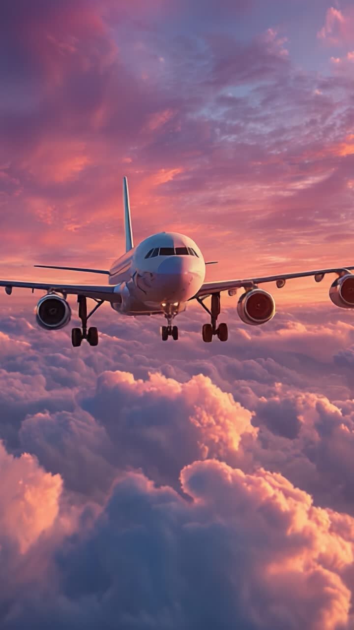 Un avion magnifique entouré de nuages colorés au crépuscule, capturant l’essence du vol au milieu de la beauté d’un ciel coloré