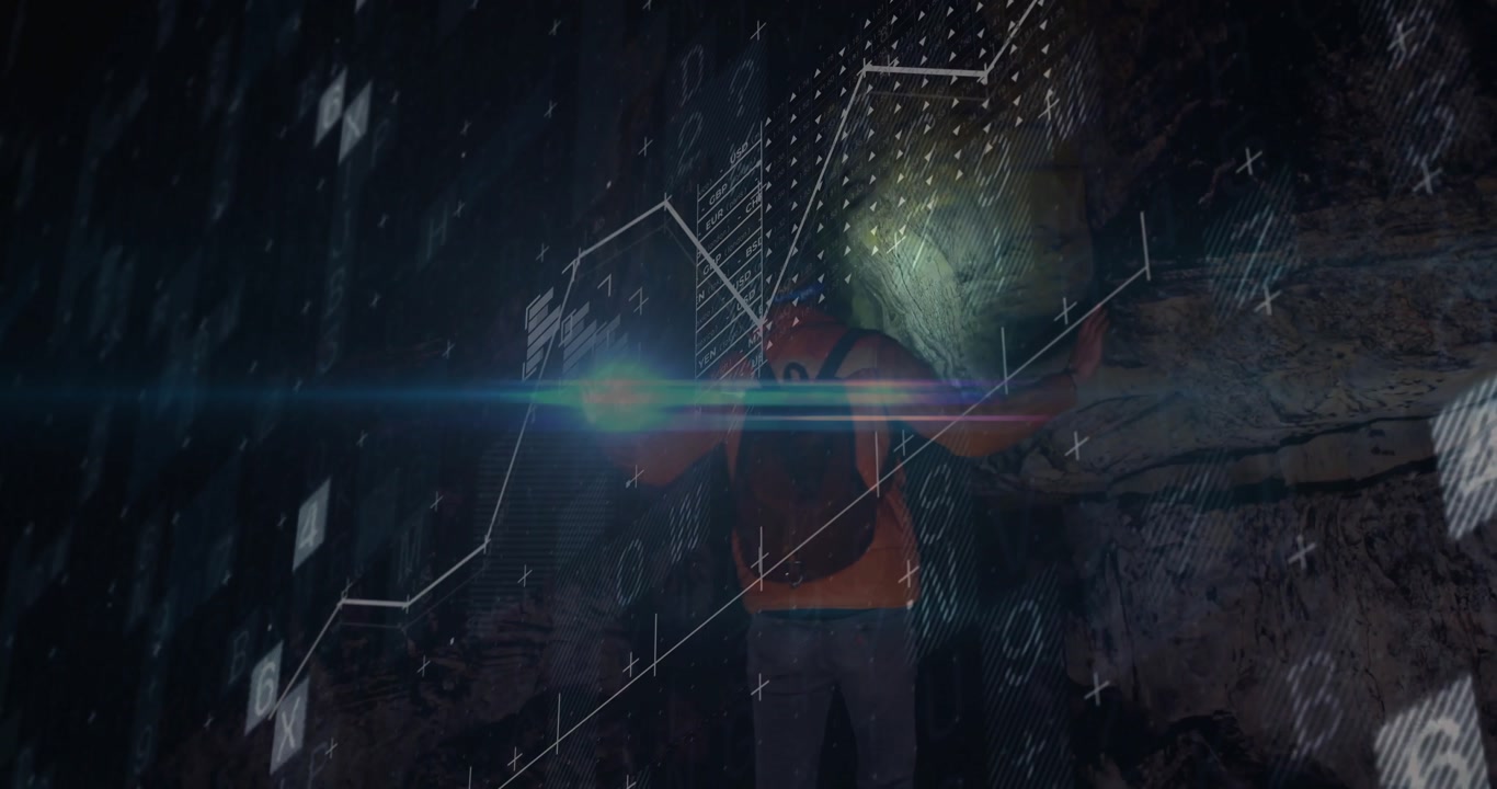 Construction worker standing in tunnel while pulsing data visuals scanning vest for monitoring