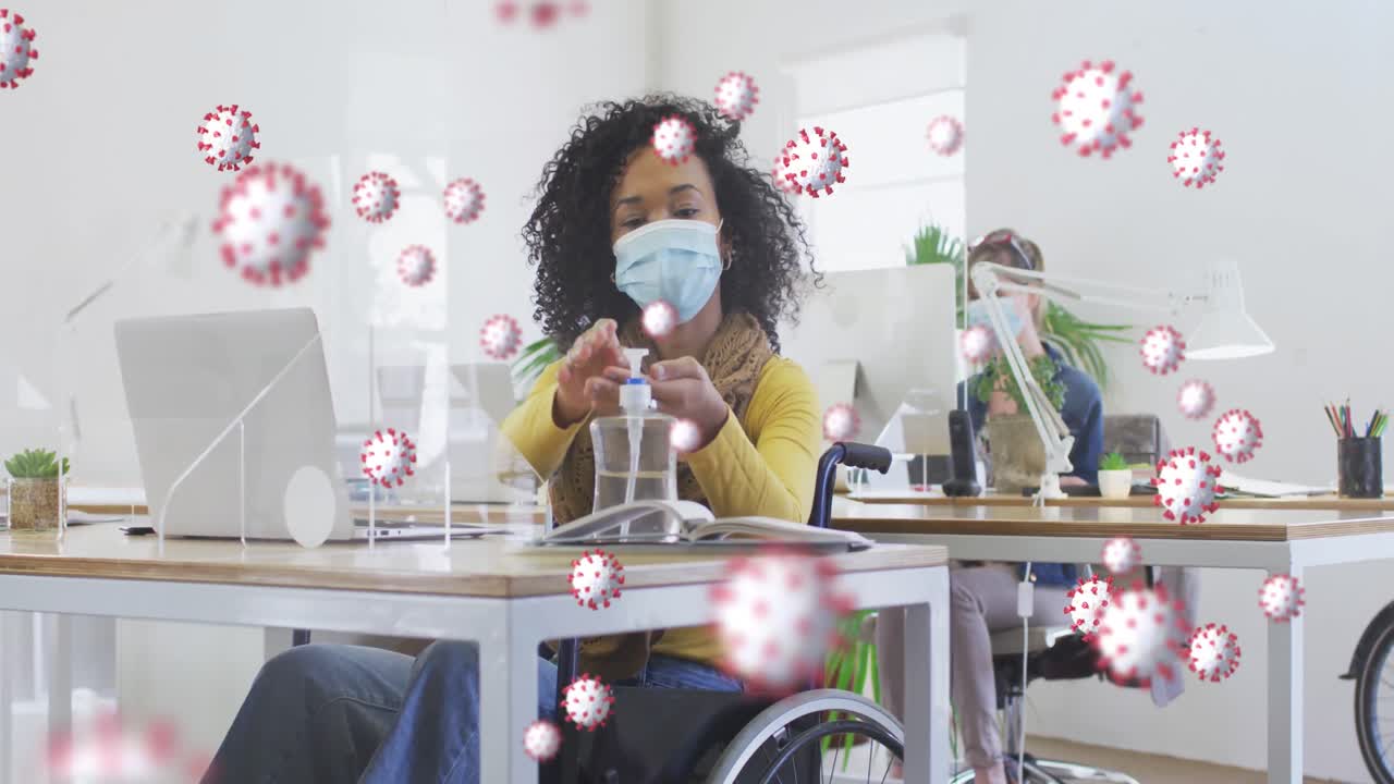 Animation of floating covid-19 cells with colleagues in office wearing face masks
