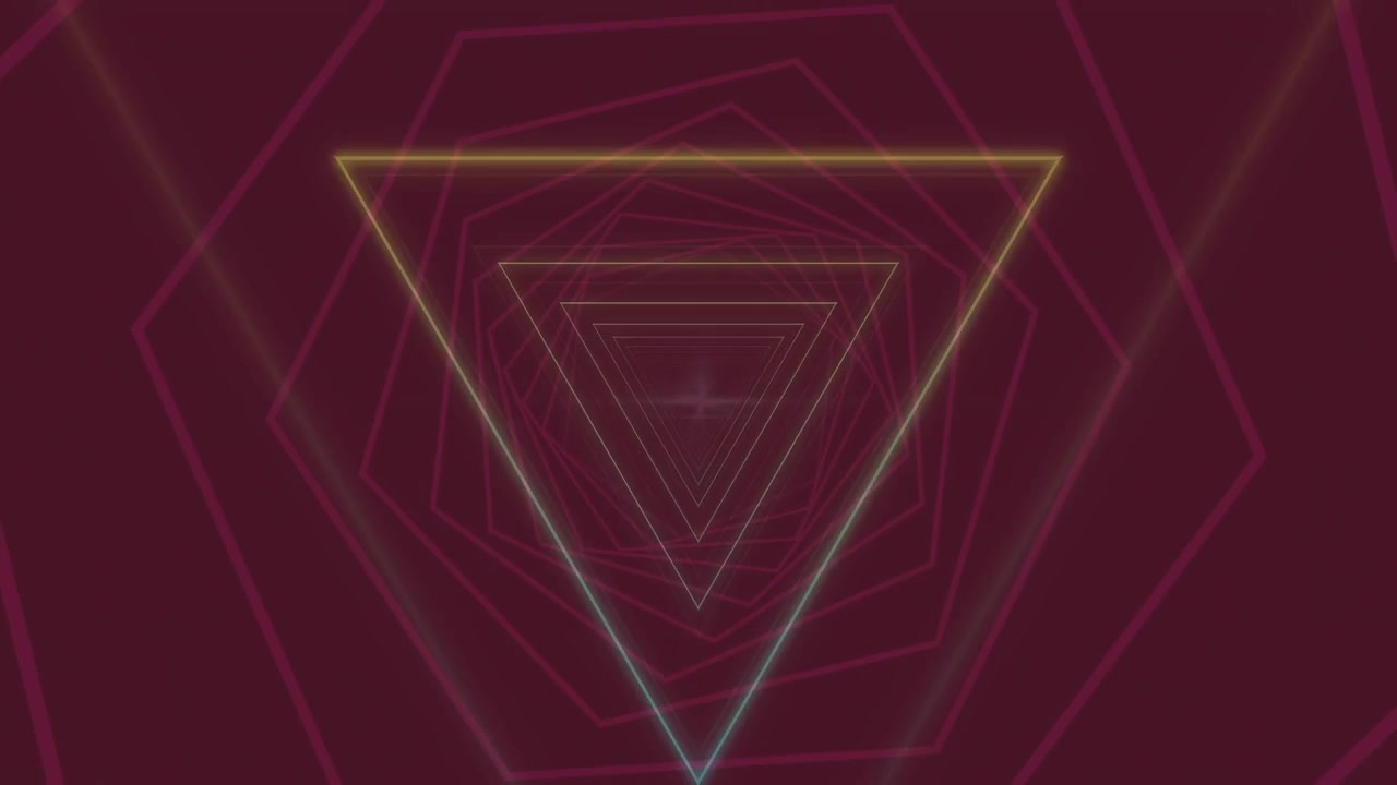 Abstract Tunnel of Glowing Neon Triangles with Glitch Effects