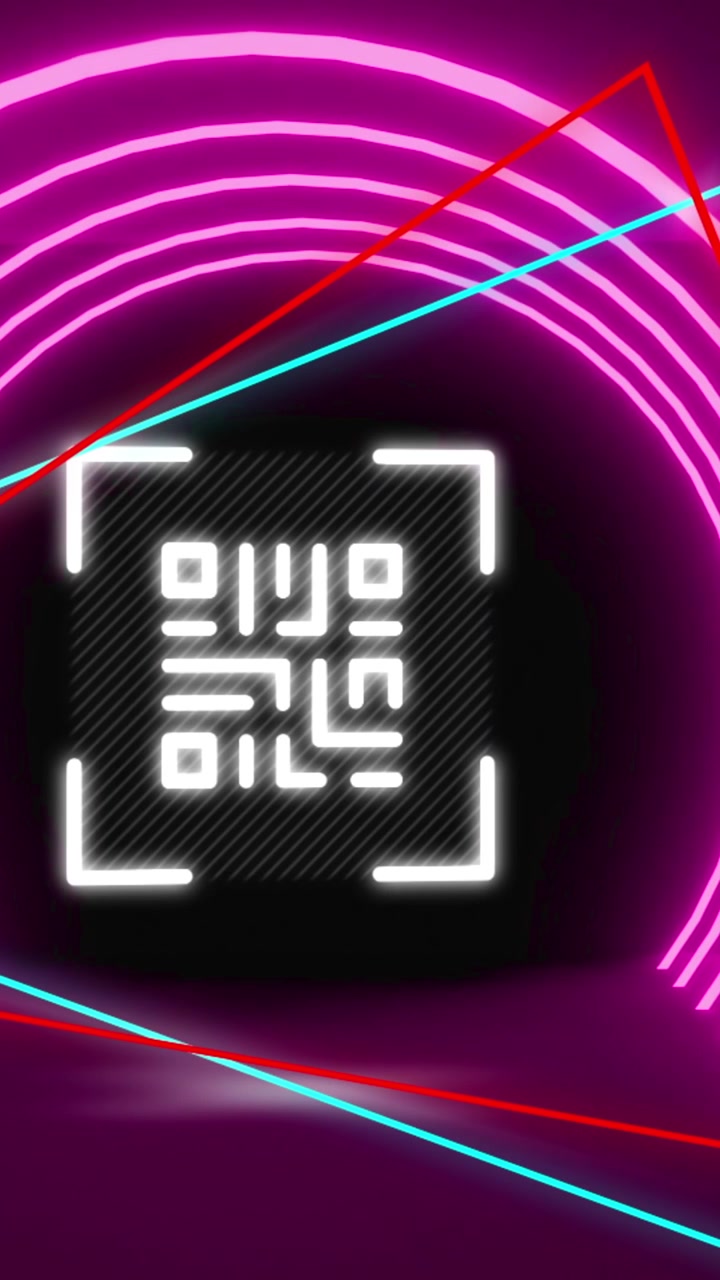 Animation of glowing qr code over neon shapes on purple background