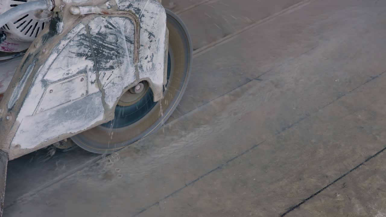 근처에서 바닥 절단 기계 절단 블레이드가 건설 구역의 시멘트 바닥에 절단되고 있습니다.