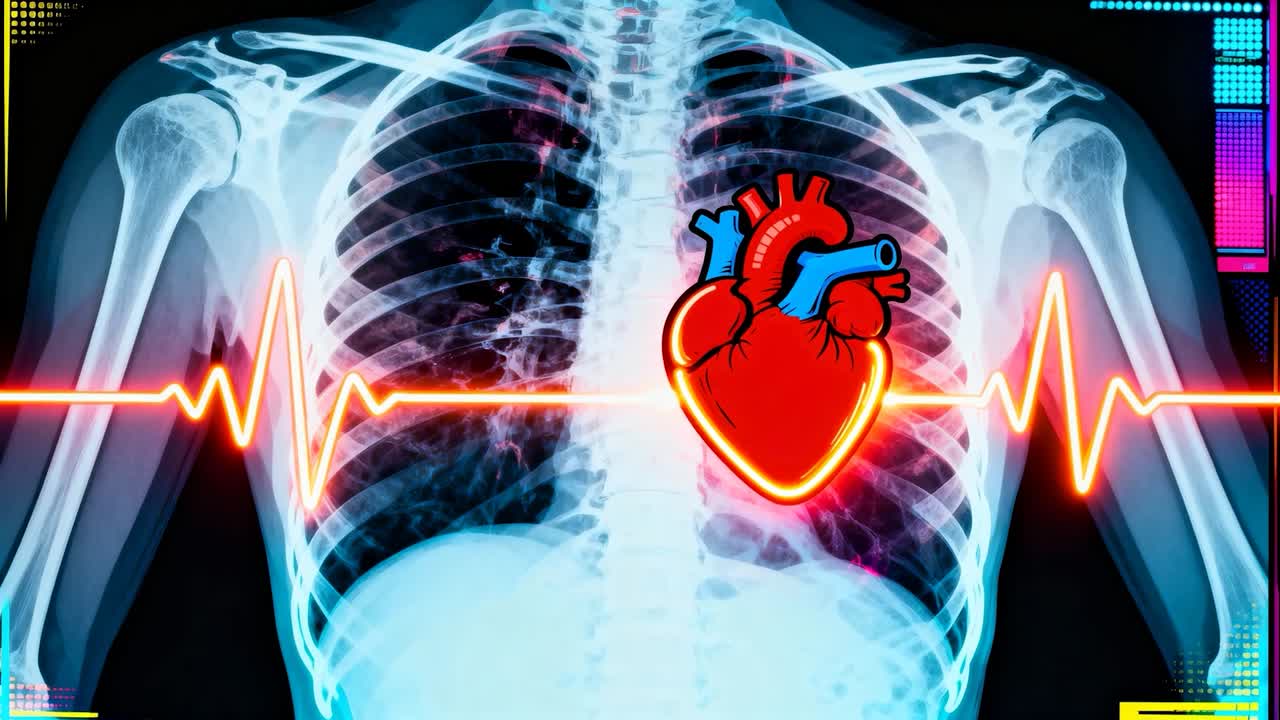 Sovrapponi l'animazione iniziale della radiografia toracica che mostra l'icona del cuore pulsante e la forma d'onda dell'ECG per il monitoraggio