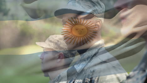 animation of flag of argentina over diverse male soldiers