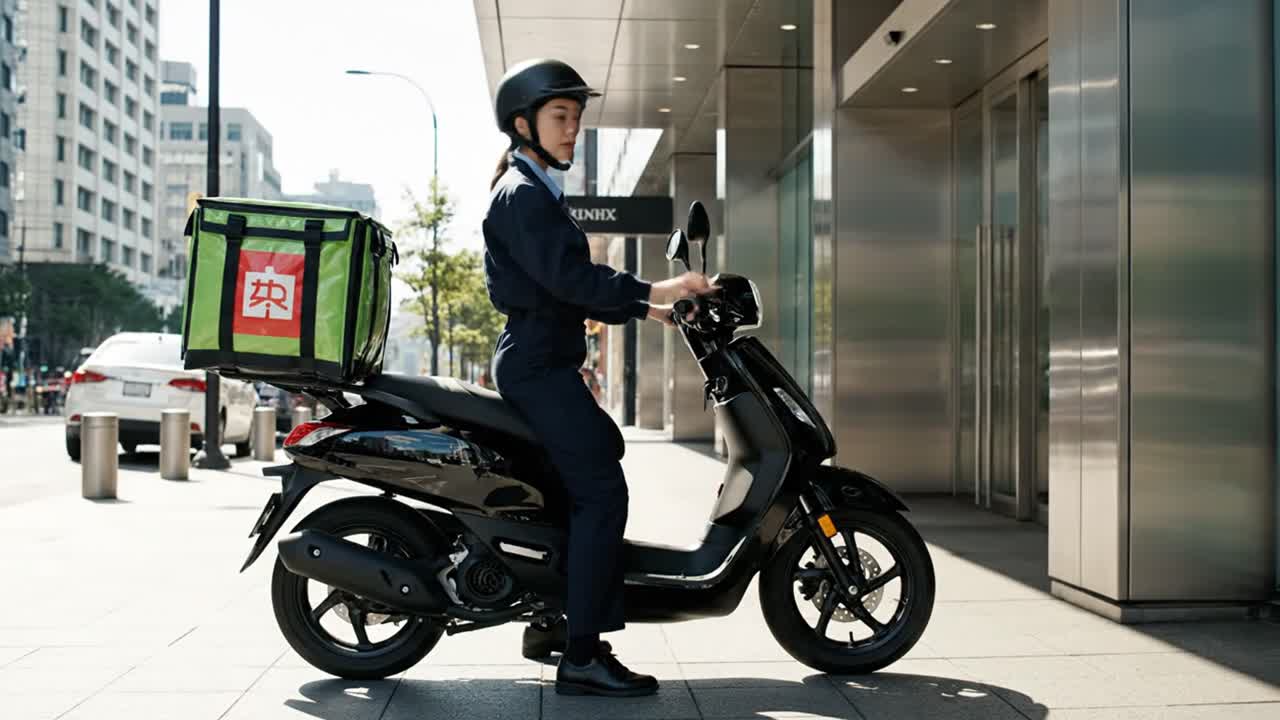 Woman delivery driver on scooter transporting food in city