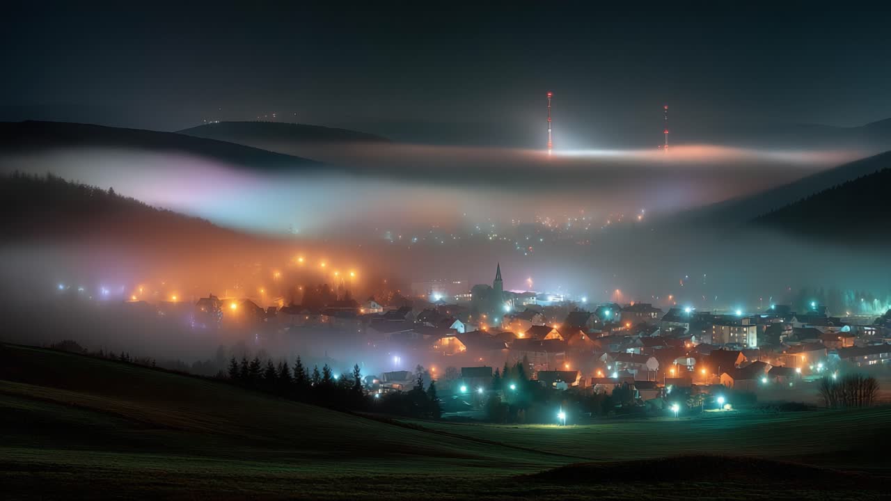 Enigmatic Nightscape: A Serene Town Shrouded in Fog and Illuminated by Mystical Lights Beneath a Starry Sky and Towering Mountains