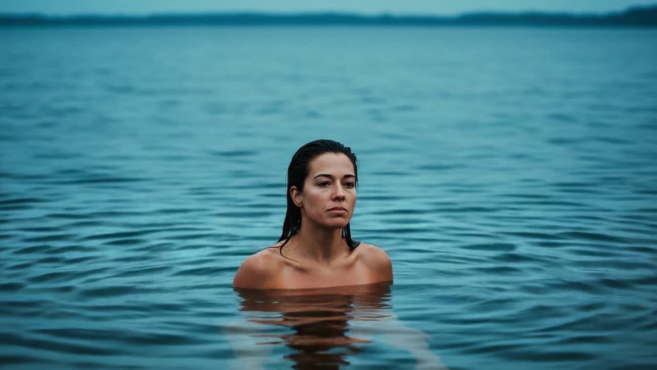 A Reflective Moment in Nature: A Woman Stands Calmly in Still Waters, Surrounded by the Tranquil Beauty of a Quiet Lake under a Cloudy Sky