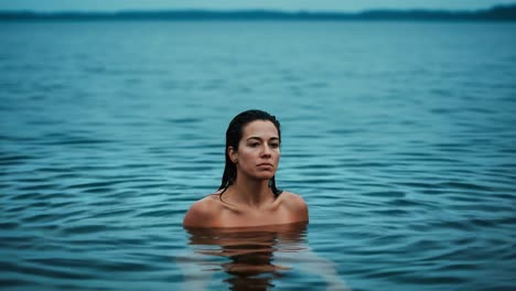a reflective moment in nature: a woman stands calmly in still waters, surrounded by the tranquil beauty of a quiet lake under a cloudy sky
