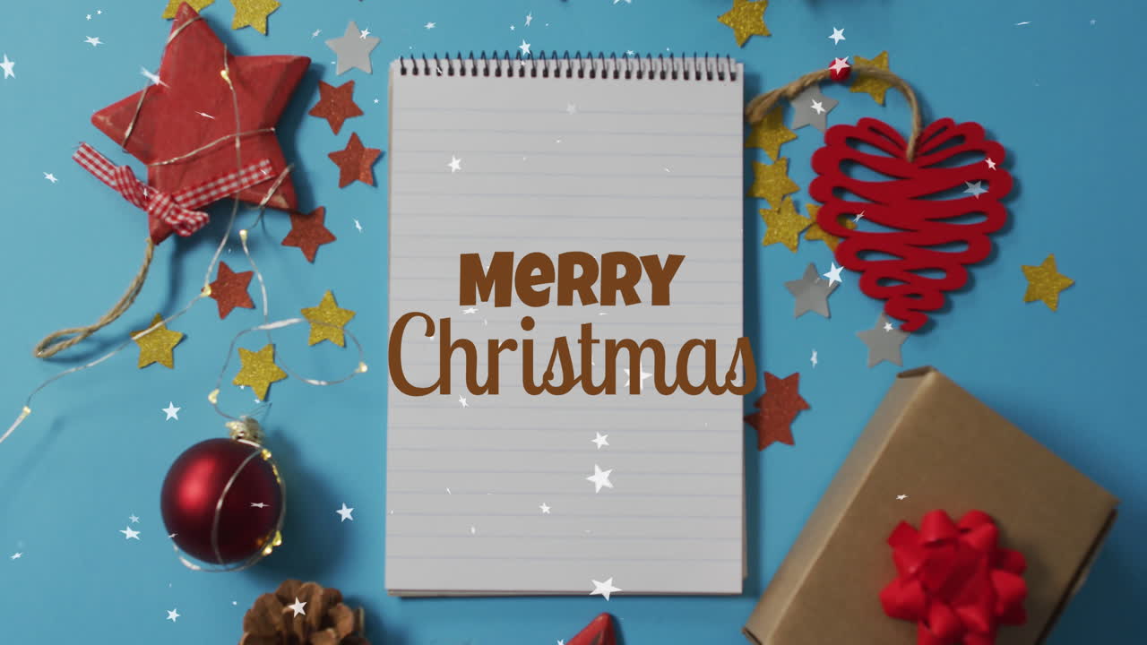 animación del texto de feliz navidad sobre decoraciones