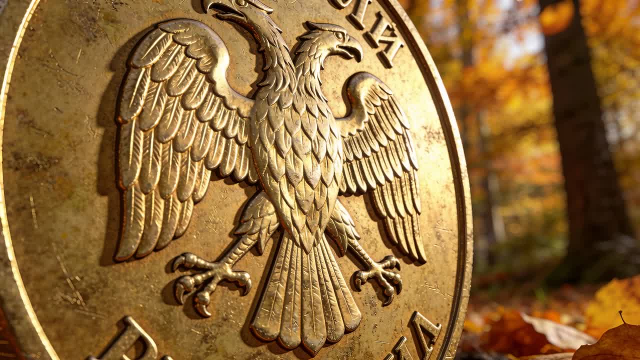 Kamera se jízdou přibližuje k velké mosazné minci ležící na listech, odhalující reliéfního orla pro studium financí.