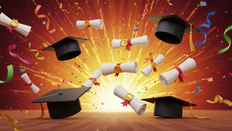 celebratory graduation scene with caps and diplomas, capturing the excitement of achievement and new beginnings amidst colorful confetti and dynamic background
