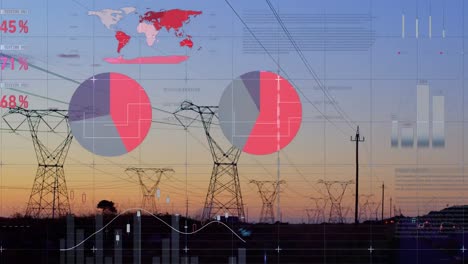 Animación-De-Flechas-Cayendo,-Cambiando-Datos-Financieros-Y-Gráficos-Sobre-Postes-De-Electricidad