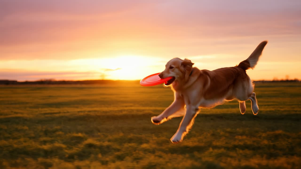 Golden Retriever che corre con il frisbee al tramonto, salta su un campo erboso in controluce durante l'ora d'oro, cielo caldo.