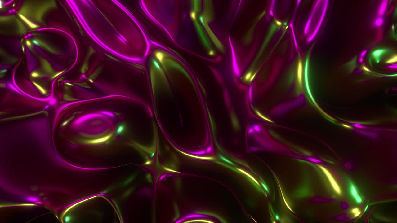 Render 3D astratto di sfondo olografico con superficie effetto olio, superficie ondulata in lamina, onde e increspature, luce ultravioletta moderna, colori dello spettro rosa neon. Animazione 4k in loop continuo.