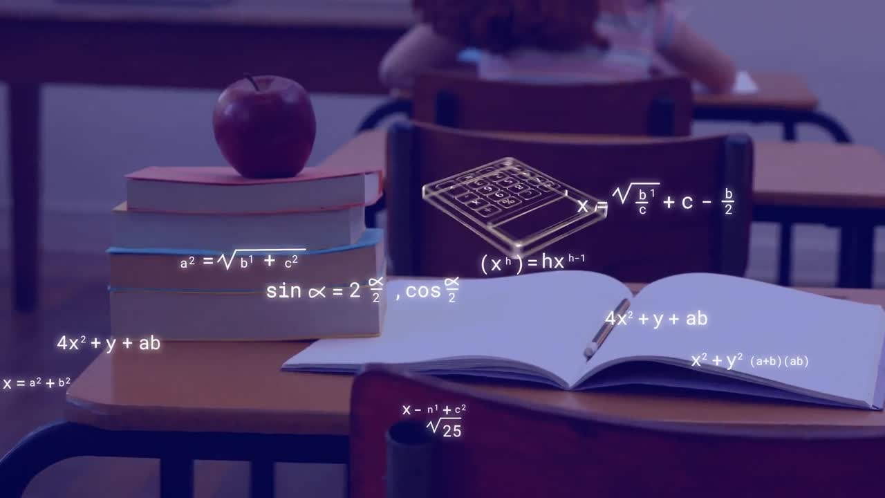 아이콘과 수학적 방정식의 애니메이션을 교실에서 학교 아이들에게