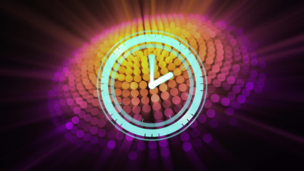 Animation of clock moving over colourful light spots