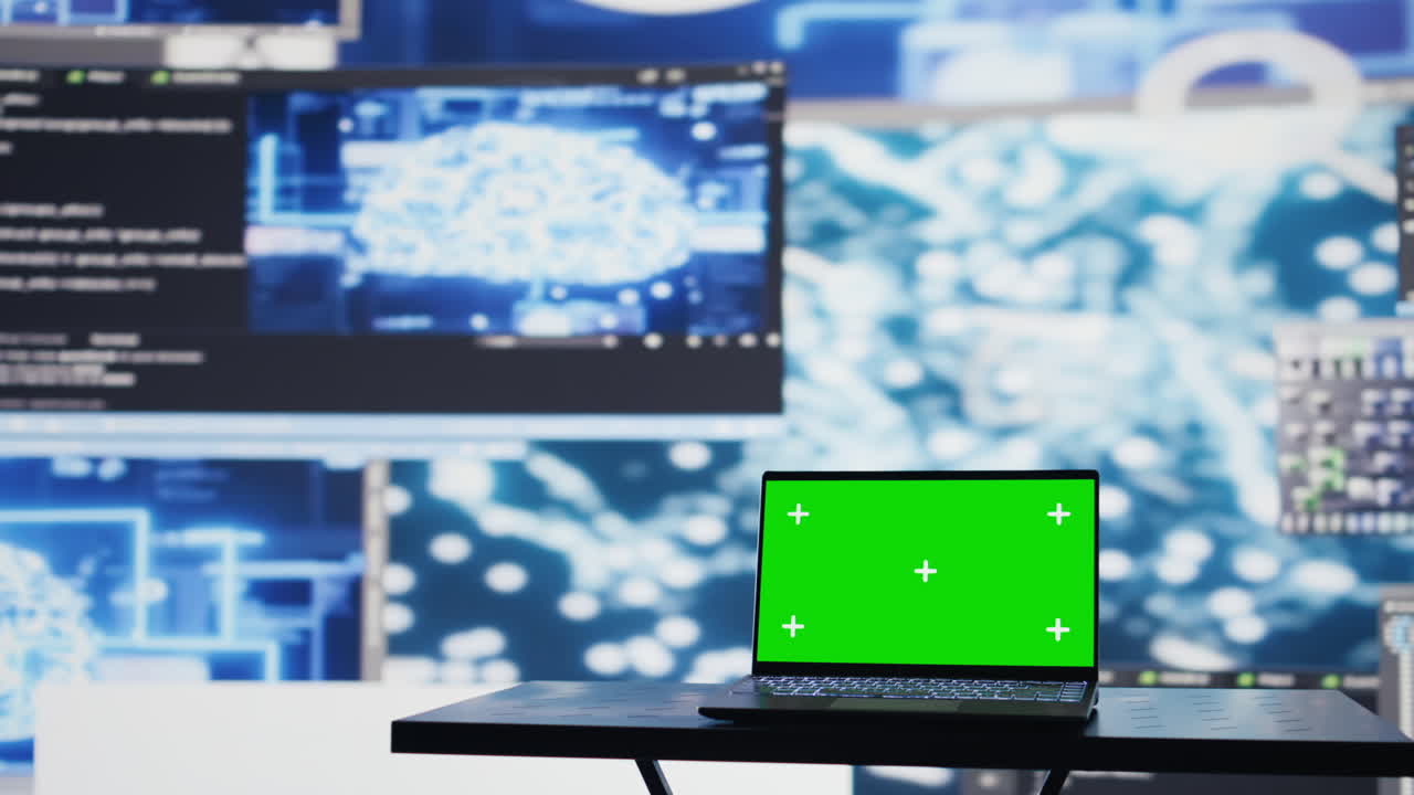 Laptop in empty space shows copy space screen surrounded by data