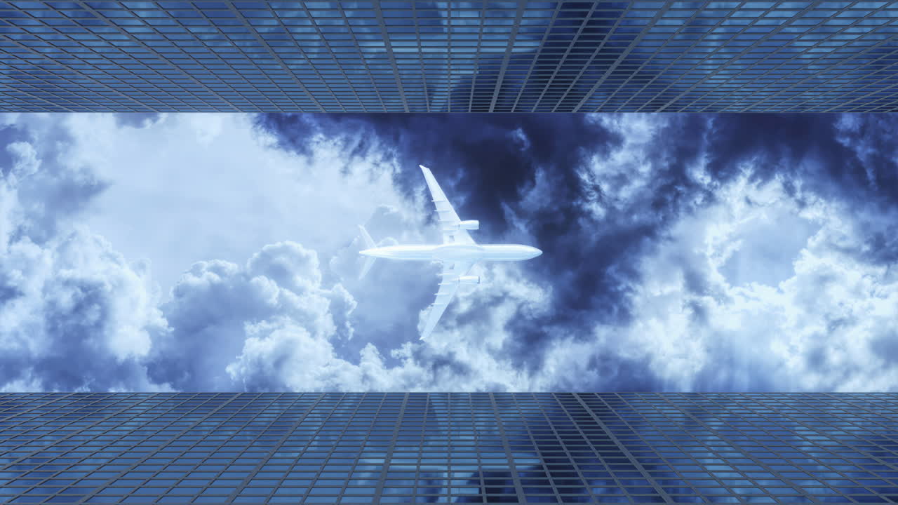 초고층 빌딩 위를 날아다니는 비행기, 회전하는 카메라로 아래에서 위로 보기