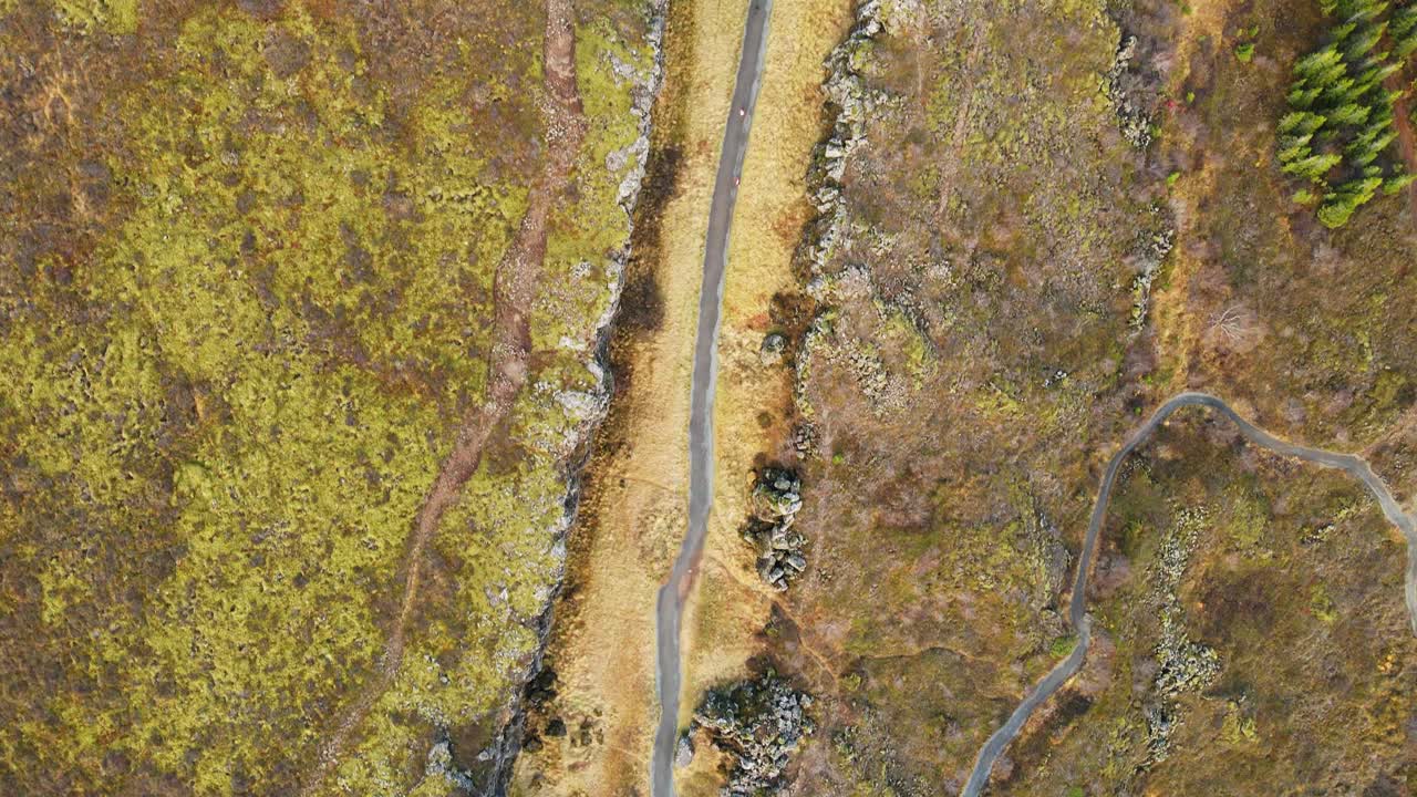 Top down aerial of trail at Langist&iacute;gur Canyon in Thingvellir national park in Iceland