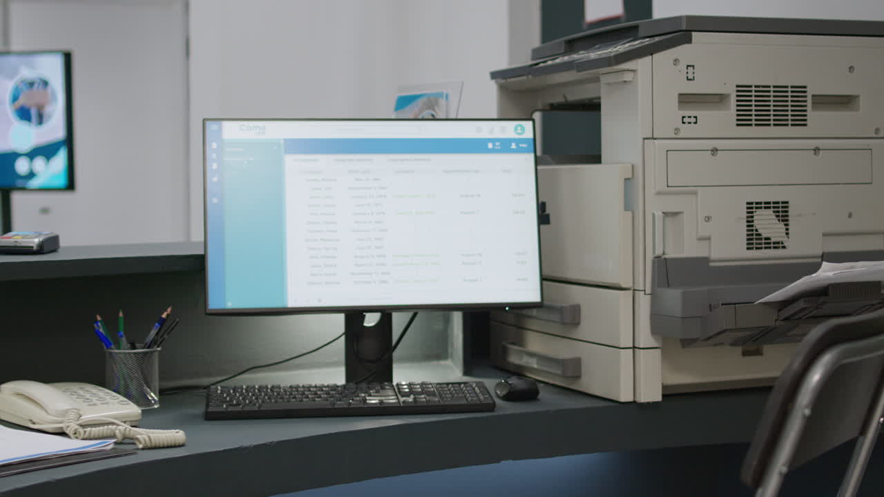 Reception desk with computer and printer