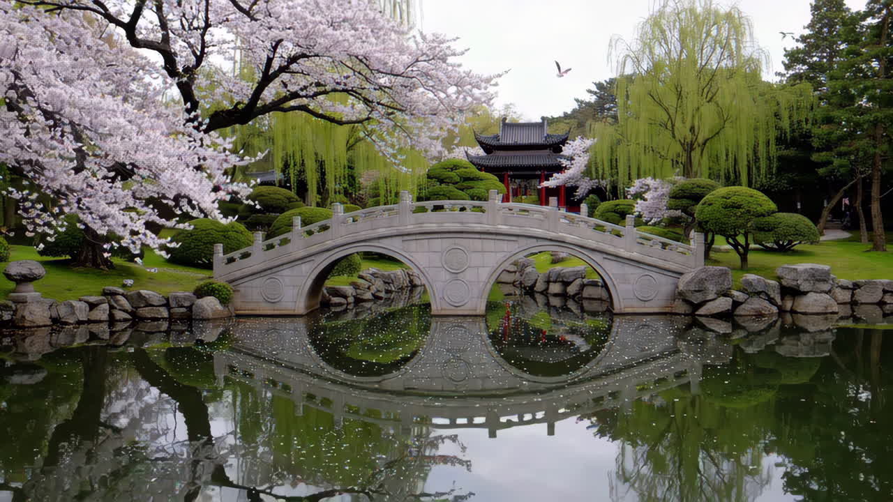 Cherry Blossoms and a Stone Bridge in a Japanese Garden